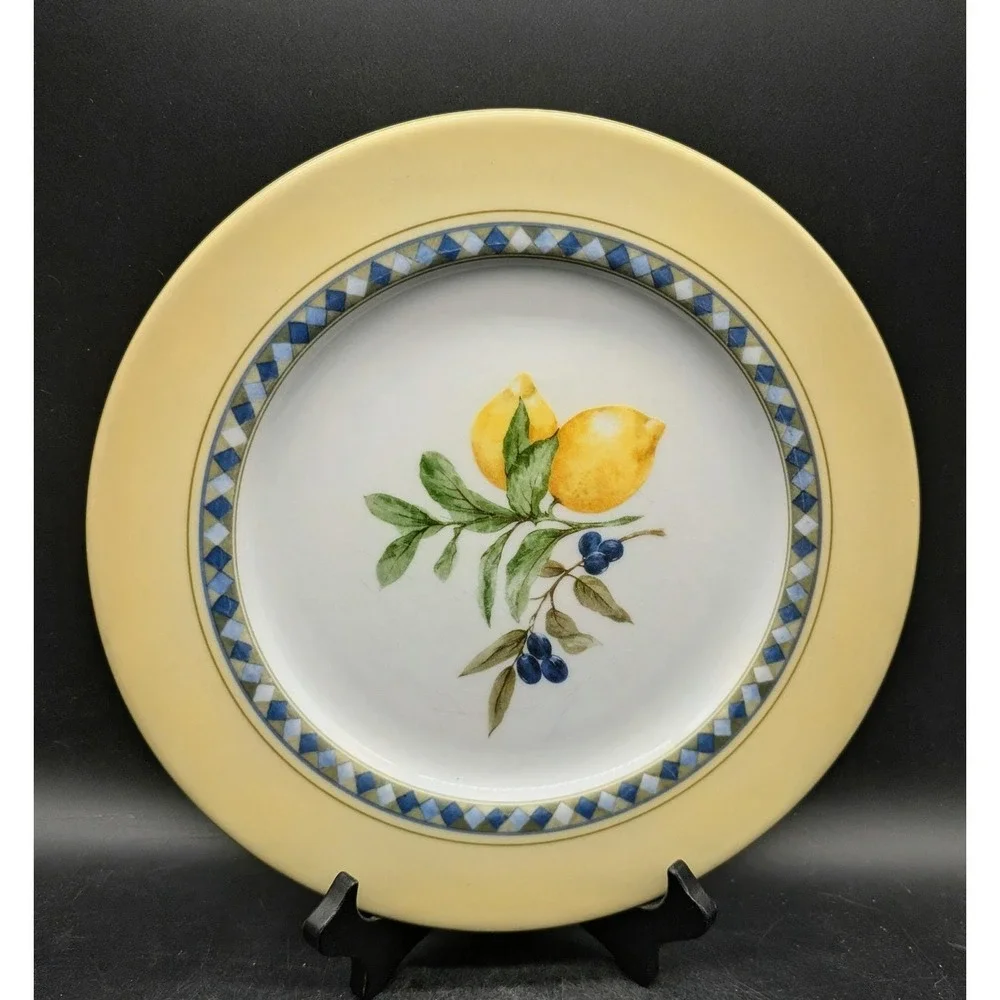 Royal Doulton Carmina TC1277 Dinner Plates Set of 4 Lemon Olive Yellow Blue 1999